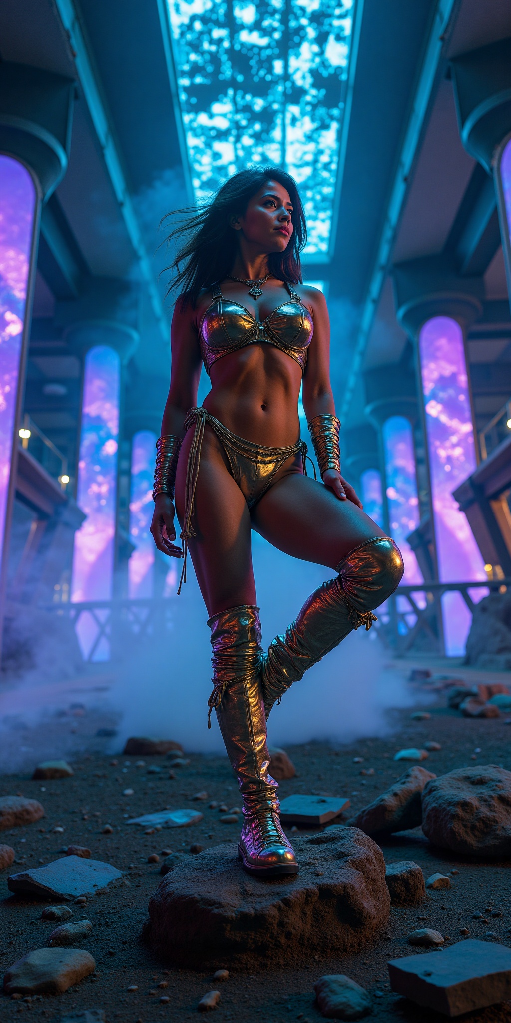 a futuristic warrior goddess in an ornate,  reflective metal gold bikini,  standing with one leg raised on a ruined steel...