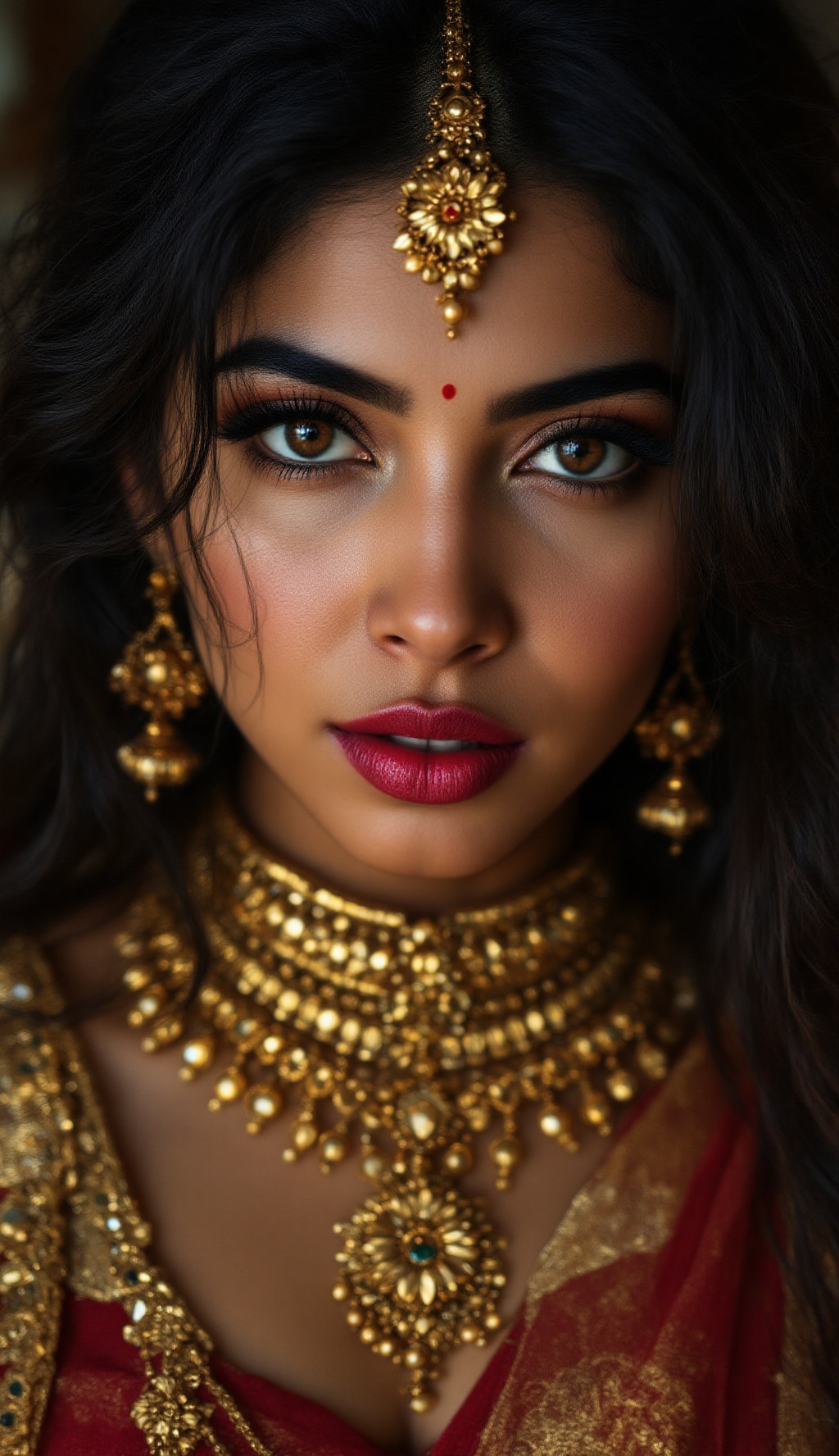 Black hair brown eyes woman,  hip golden chain,  indian traditional gold jewellery on Tensor.Art
