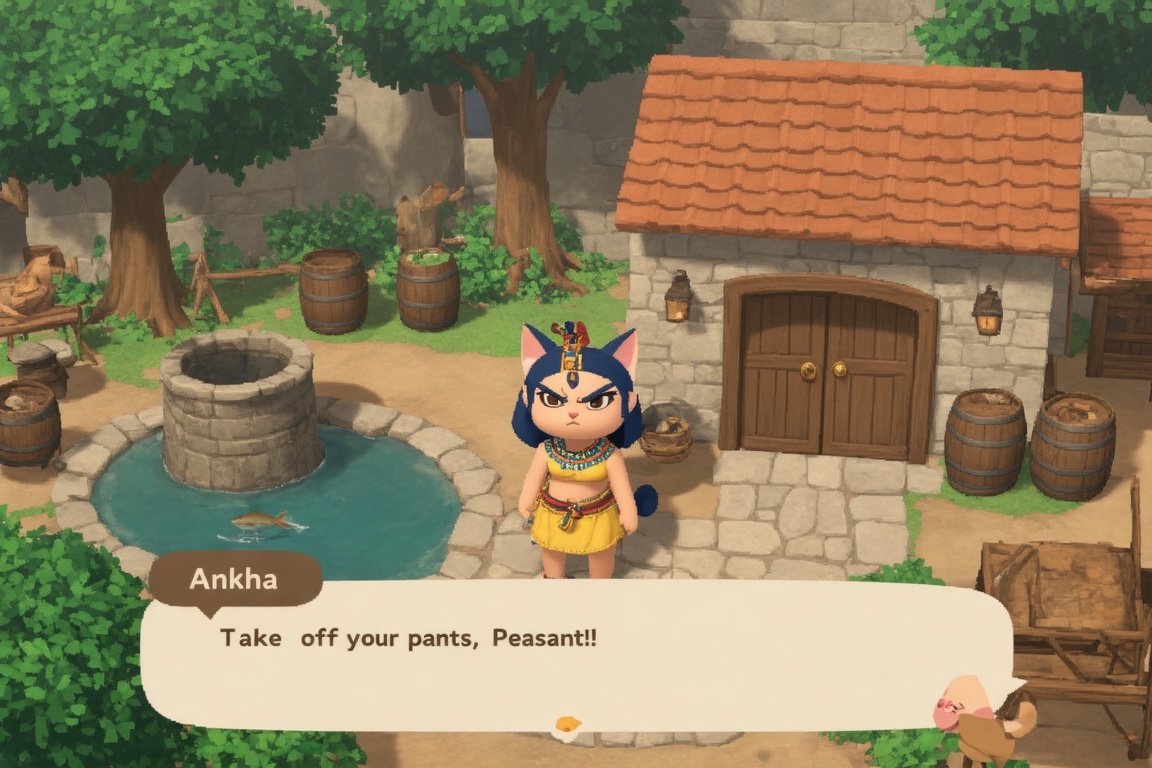 This vnd is a screenshot from a video game,  specifically the Animal Crossing series,  showcasing a rustic village scene....