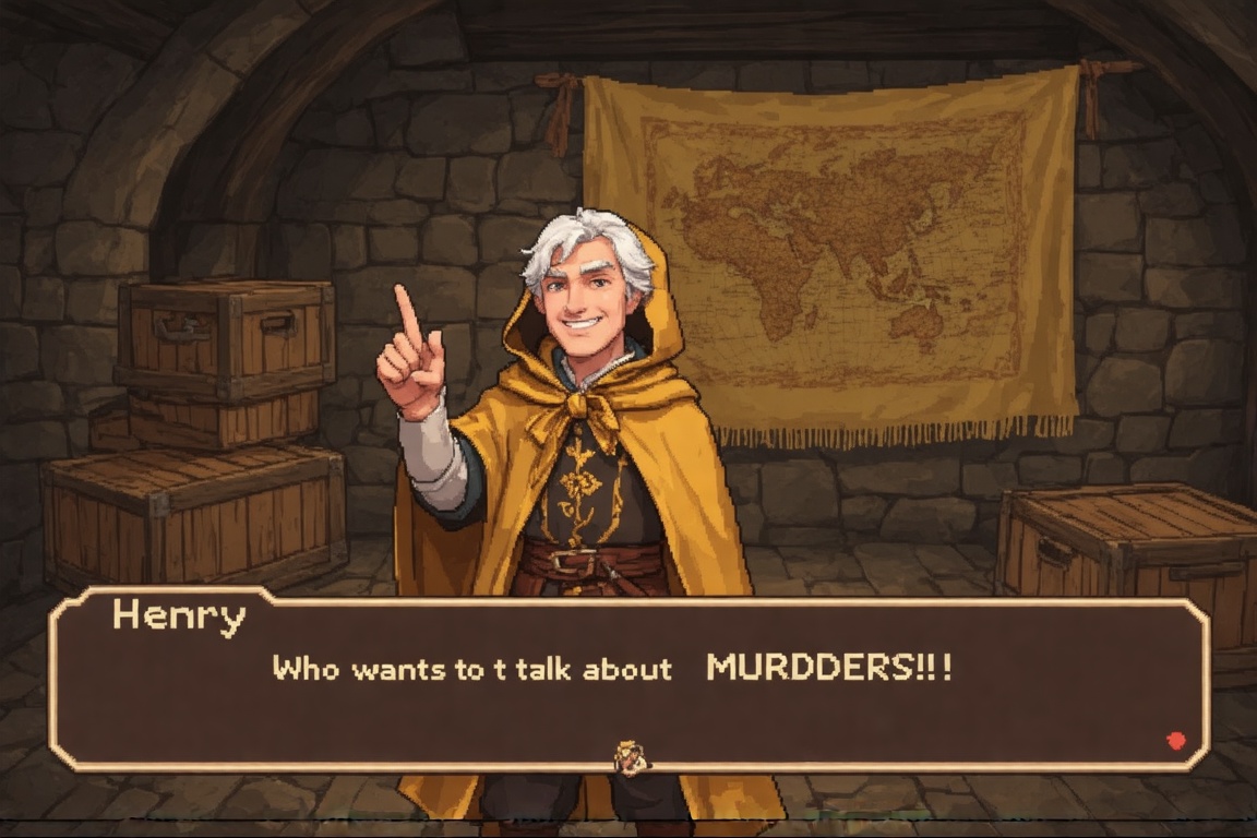 This is a digital image vndb from a video game,  featuring a character named Henry. Henry is a white-haired man with a fai...