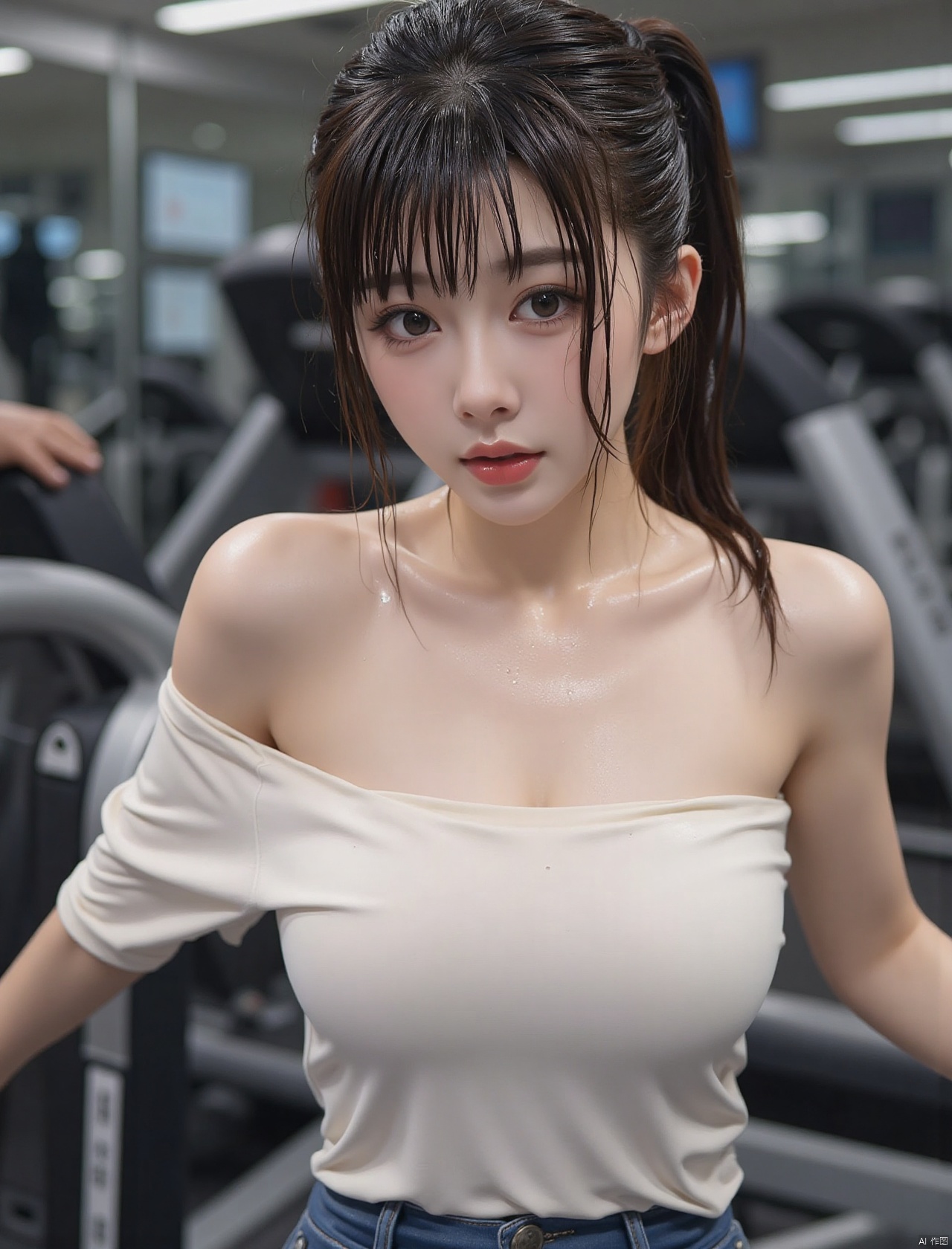 Realistic photo, 1girl, wet ponytail, wet fair skin, big breasts, wet off-shoulder shirt, upper body, sweaty, (wet), (water), gym,