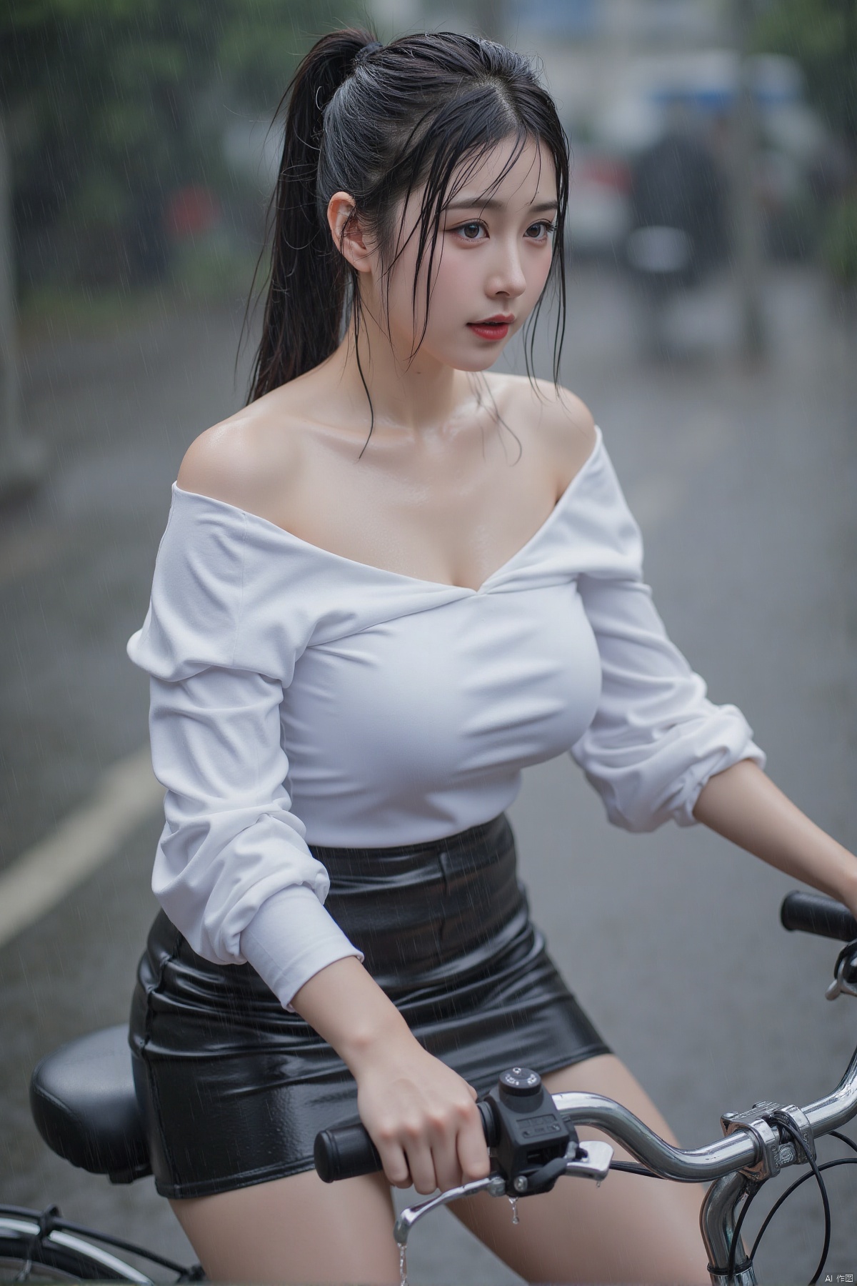 Realistic photos, 1girl, wet ponytail, (wet fair skin), big breasts, wet off-shoulder shirt, short leather skirt, upper body, heavy rain, (wet through), dripping water, street, (riding bicycle),