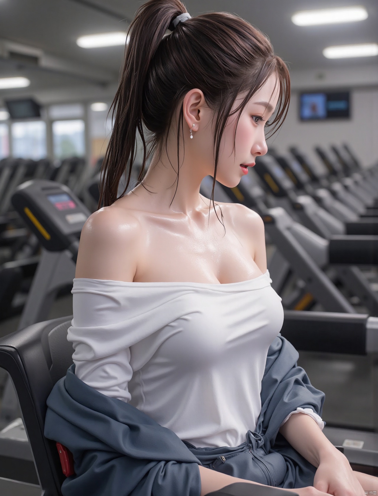 Realistic photo, 1girl, wet ponytail, wet fair skin, big breasts, wet off-shoulder shirt, upper body, sweaty, (wet), (water), gym,