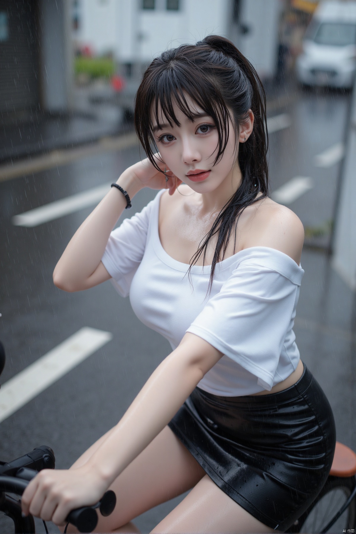 Realistic photos, 1girl, wet ponytail, (wet fair skin), big breasts, wet off-shoulder shirt, short leather skirt, upper body, heavy rain, (wet through), dripping water, street, (riding bicycle),