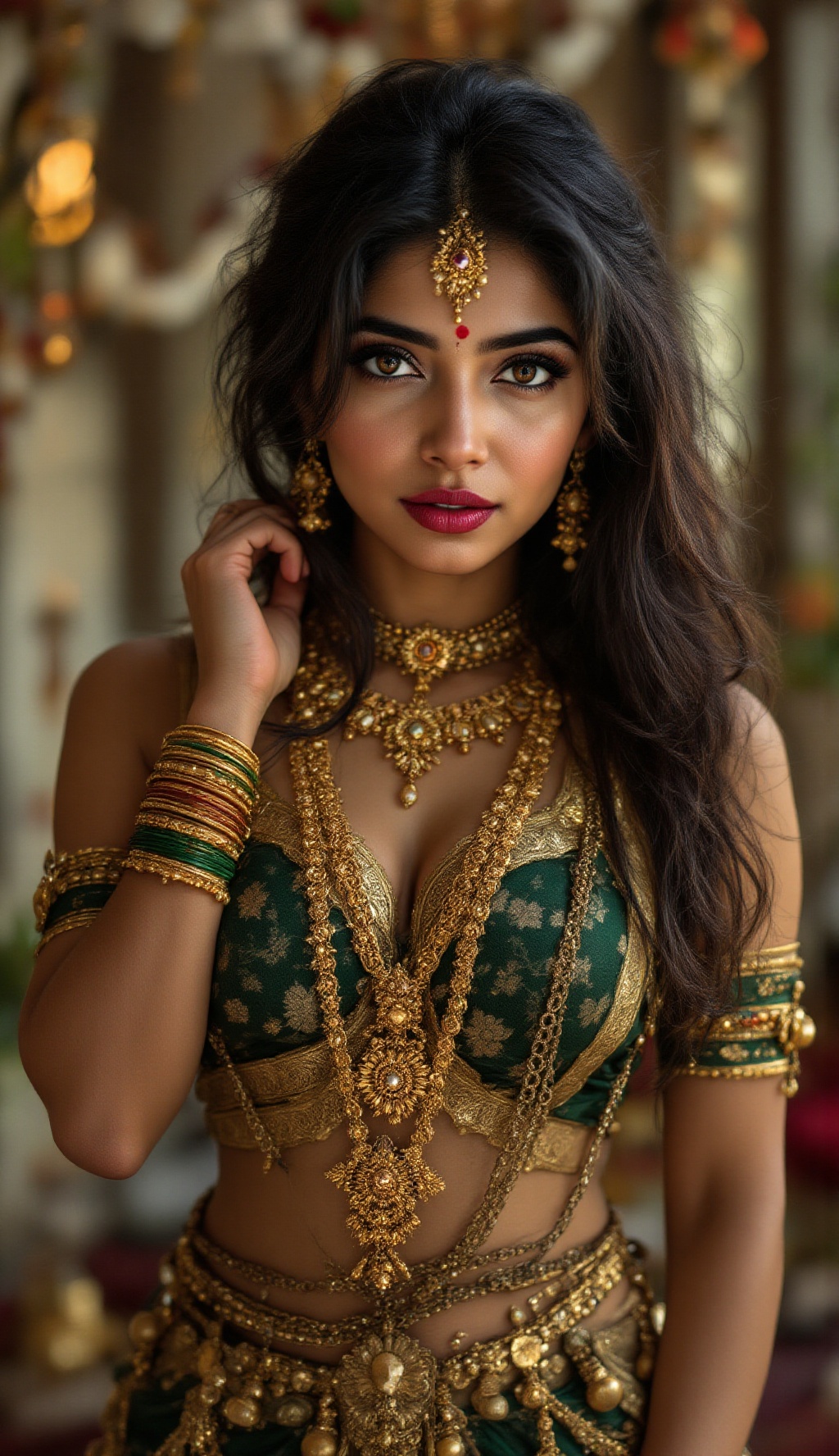 Black hair brown eyes woman,  hip golden chain,  indian traditional gold jewellery on Tensor.Art