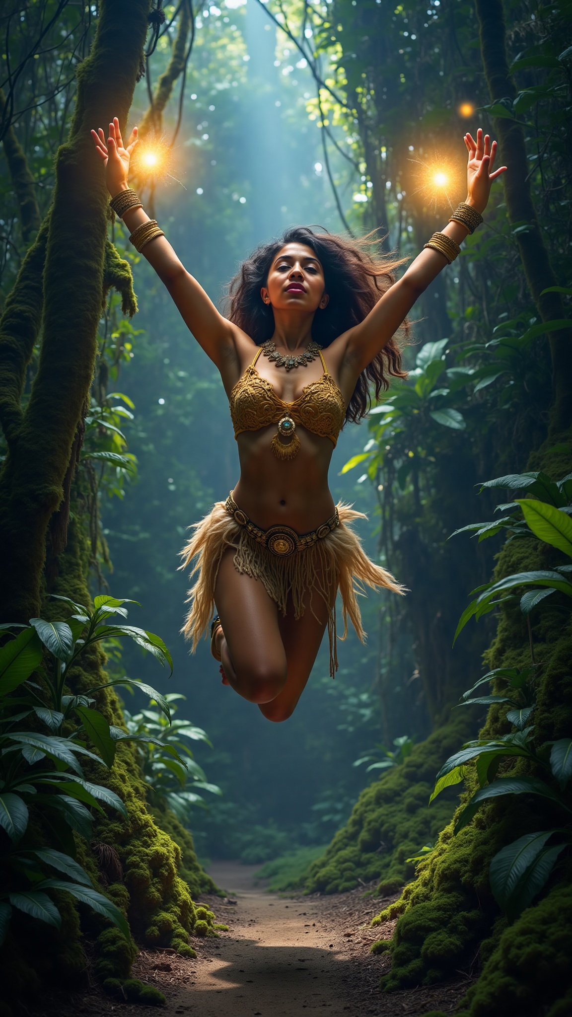prompt 4 a powerful enchantress in a radiant gold bikini adorned with feathers and jewels,  casting a glowing spell with b...