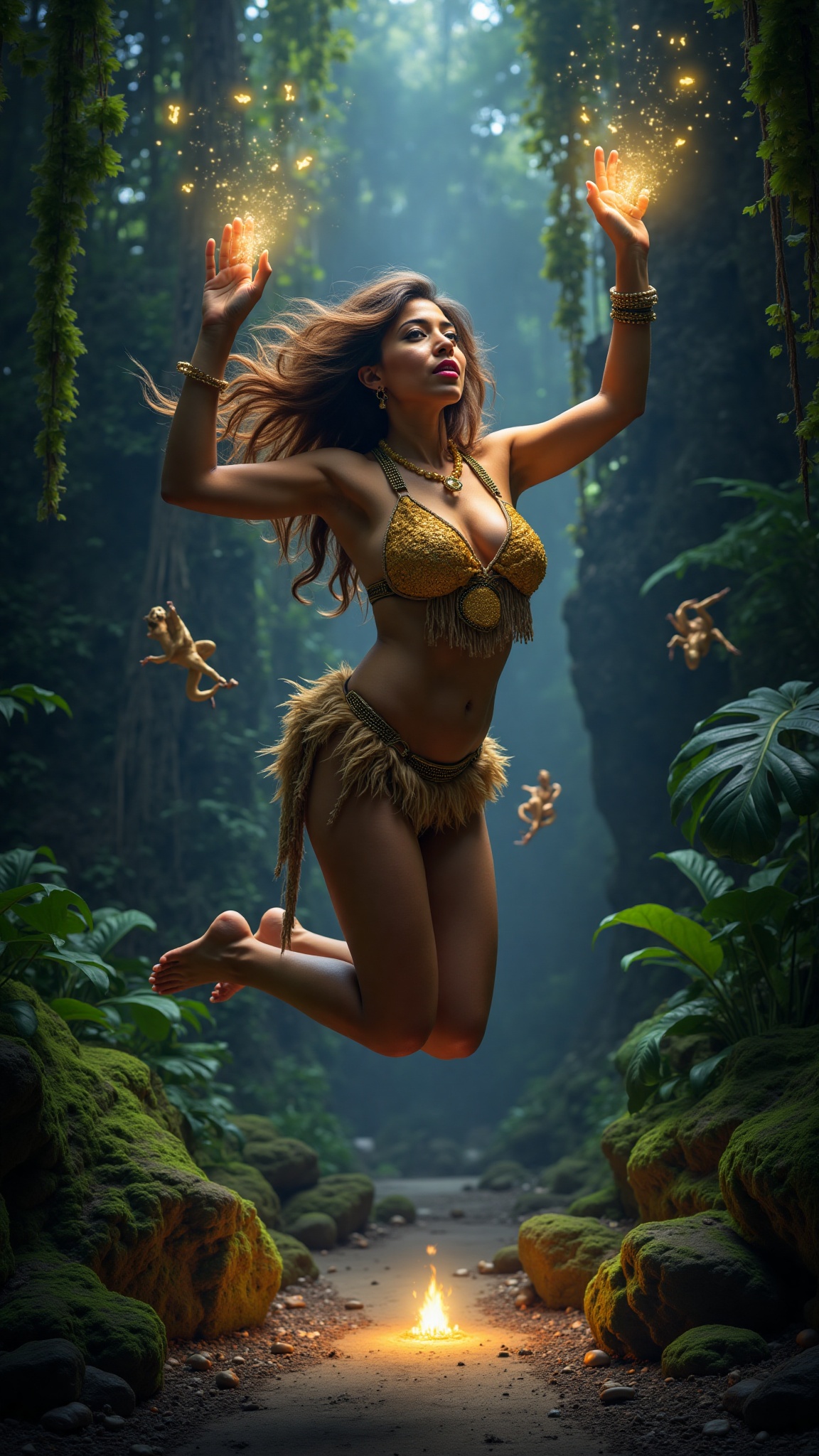prompt 4 a powerful enchantress in a radiant gold bikini adorned with feathers and jewels,  casting a glowing spell with b...