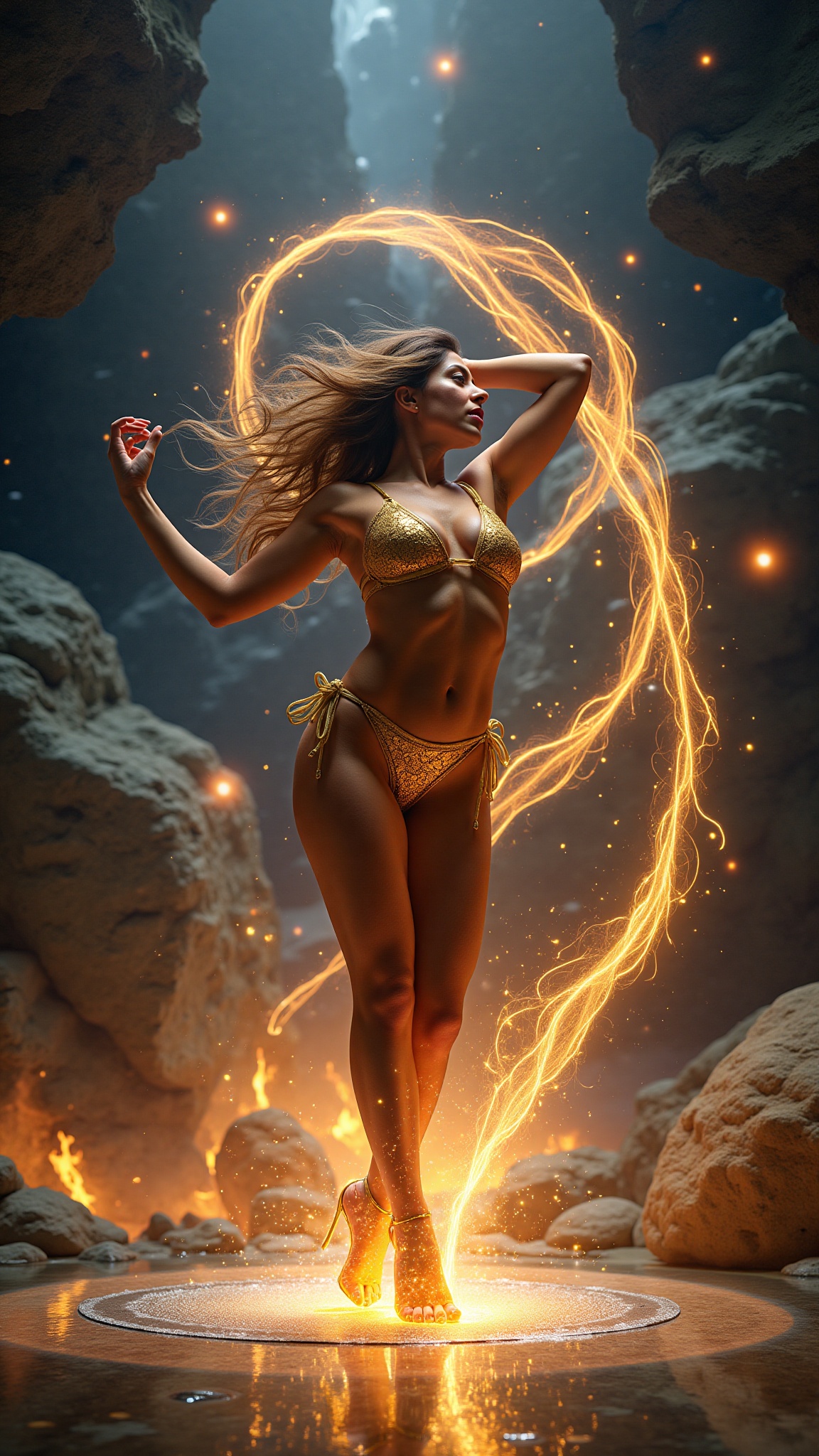 prompt 5 a celestial dancer in a sculpted gold bikini performing a graceful arc mid-spin,  surrounded by swirling ribbons...