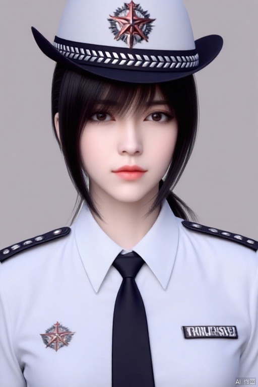 1girl, solo, bangs, simple background, shirt, black hair, hat, closed mouth, white shirt, upper body, ponytail, necktie, collared shirt, grey background, uniform, black eyes, lips, military, black necktie, badge, police, police uniform, policewoman, police hat