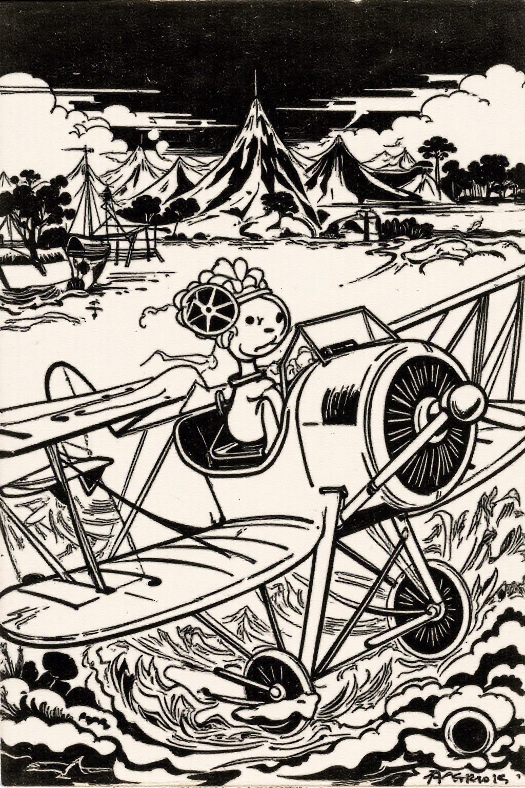 k1ooster black and white drawing of Snoopy piloting a Sopwith Camel WW1 biplane on Tensor.Art
