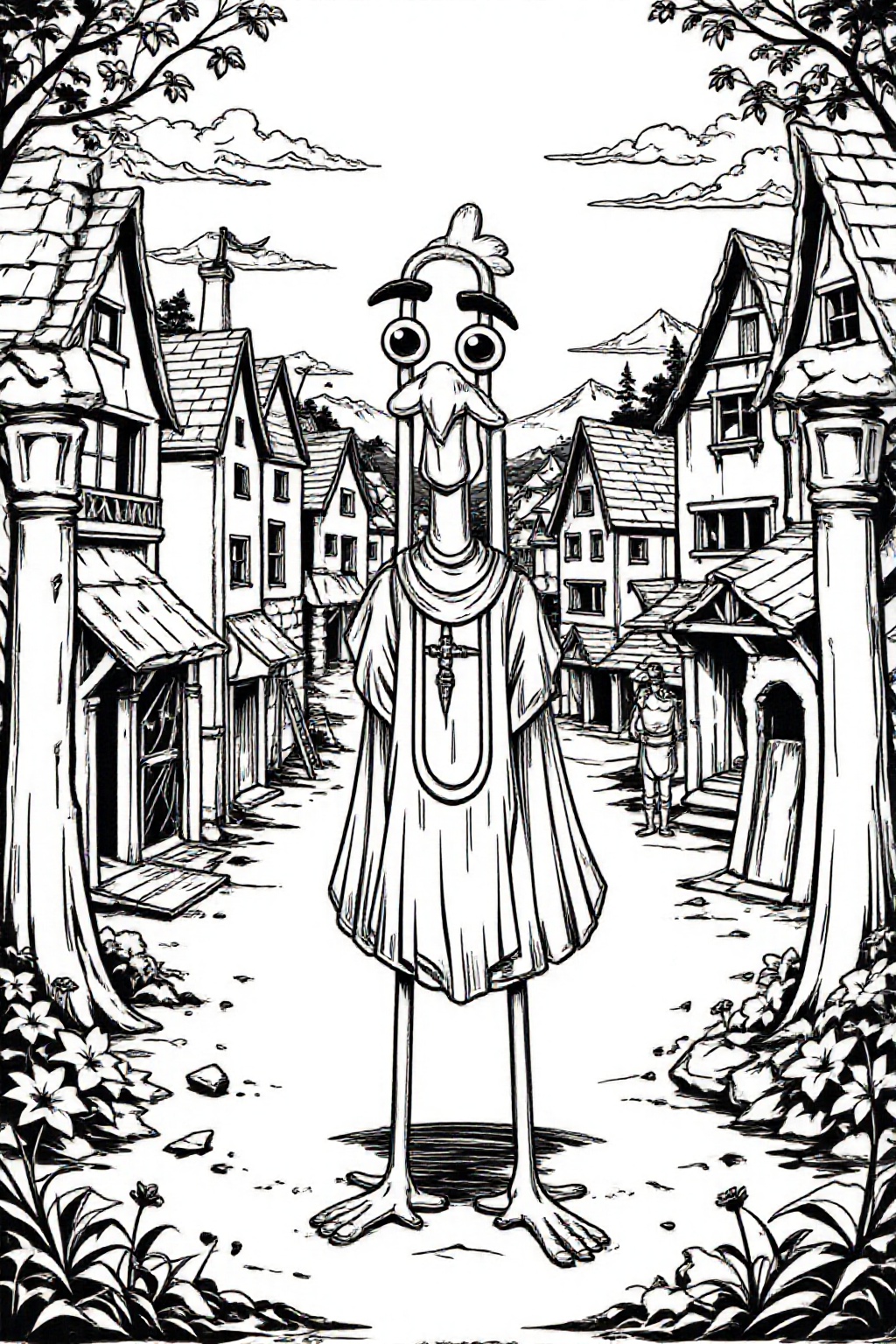 k1ooster black and white drawing of clippy in a medieval town. on Tensor.Art