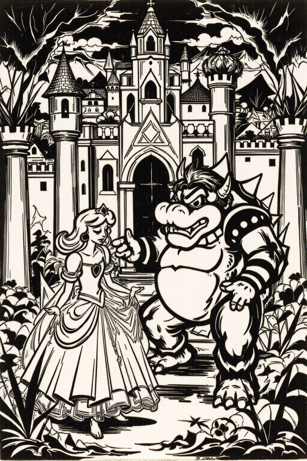 k1ooster black and white drawing of Princess Peach and Bowser in a horror castle on Tensor.Art