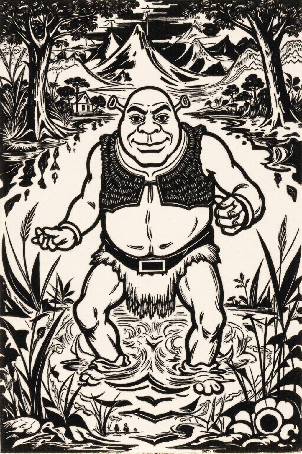 k1ooster black and white drawing of of shrek coming out of a swamp on Tensor.Art