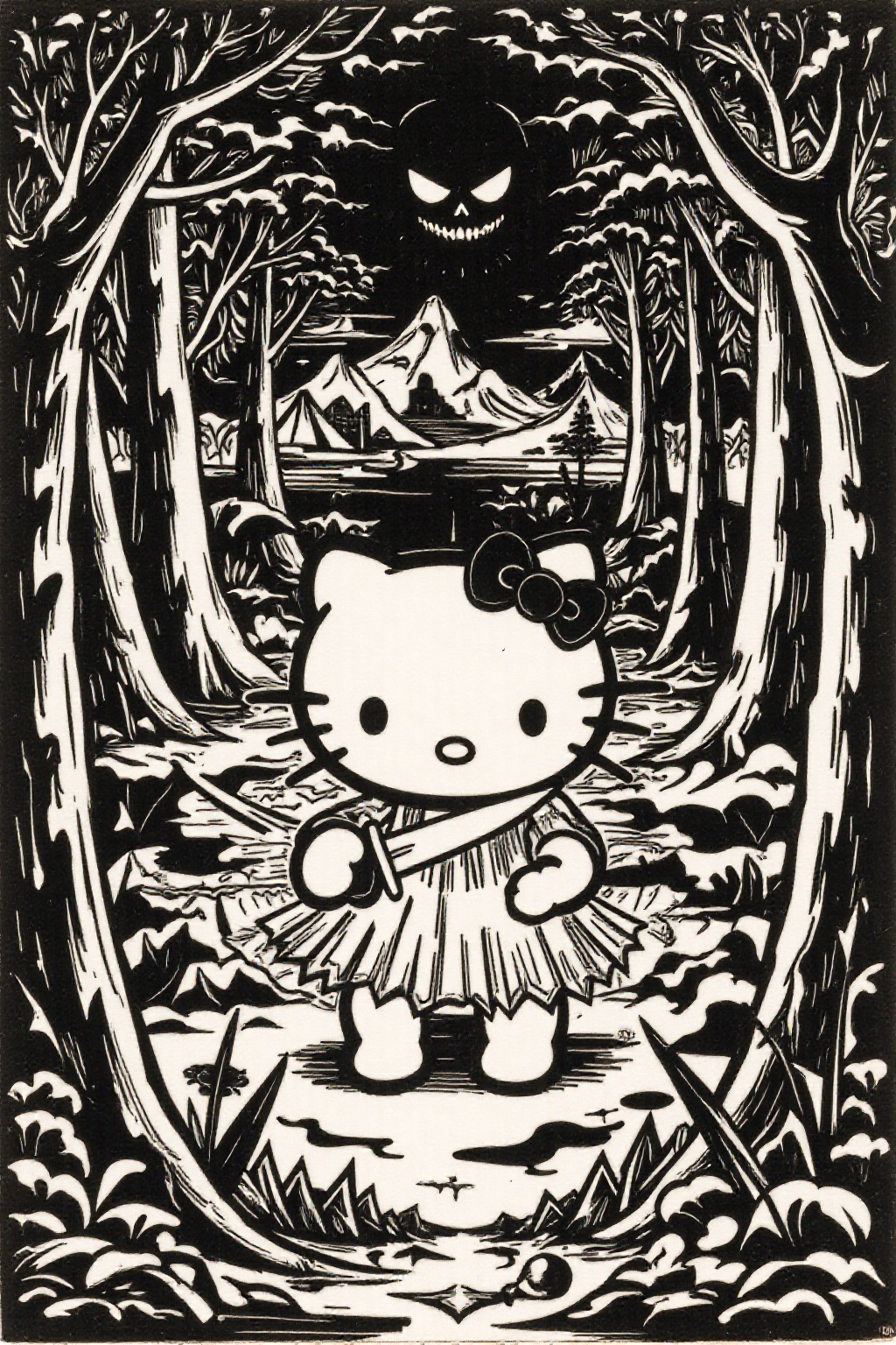 k1ooster black and white drawing of Hello Kitty in the middle of the forest holding a knife,  the atmosphere and the chara...