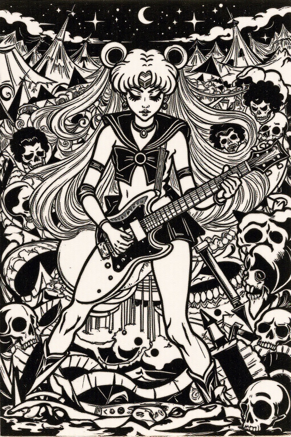 k1ooster black and white drawing of punk sailor moon playing a guitar at a heavy metal mosh pit,  tattoos,  piercing on Te...