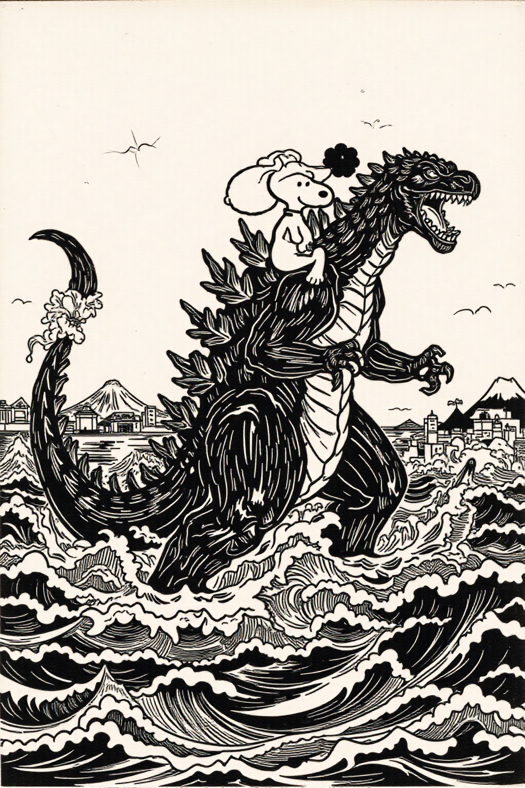 k1ooster black and white drawing of snoopy mounting godzilla,  they are coming from the sea ready to attack Tokyo on Tenso...