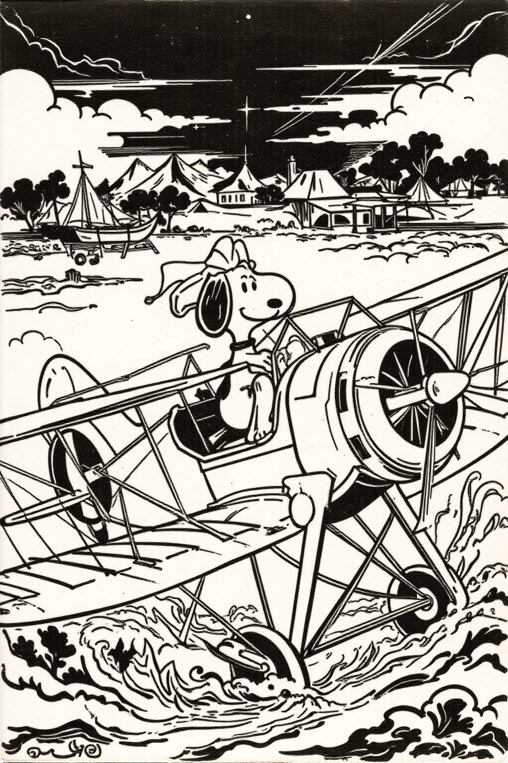 k1ooster black and white drawing of Snoopy piloting a Sopwith Camel WW1 biplane on Tensor.Art