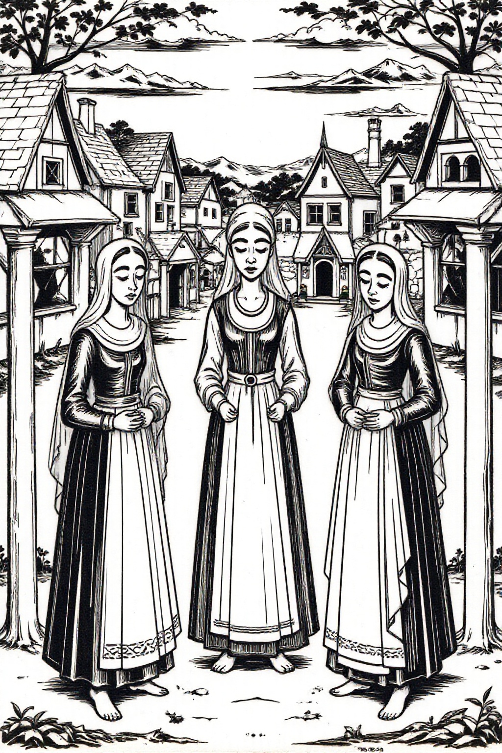 k1ooster black and white drawing of three clippy dressed as old ladies in a medieval town. on Tensor.Art