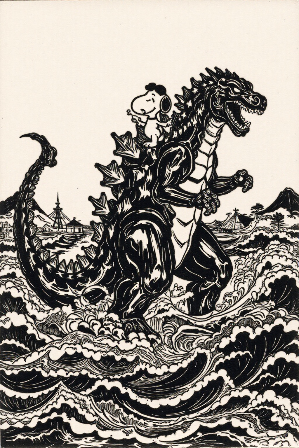 k1ooster black and white drawing of snoopy mounting godzilla,  they are coming from the sea ready to attack Tokyo on Tenso...