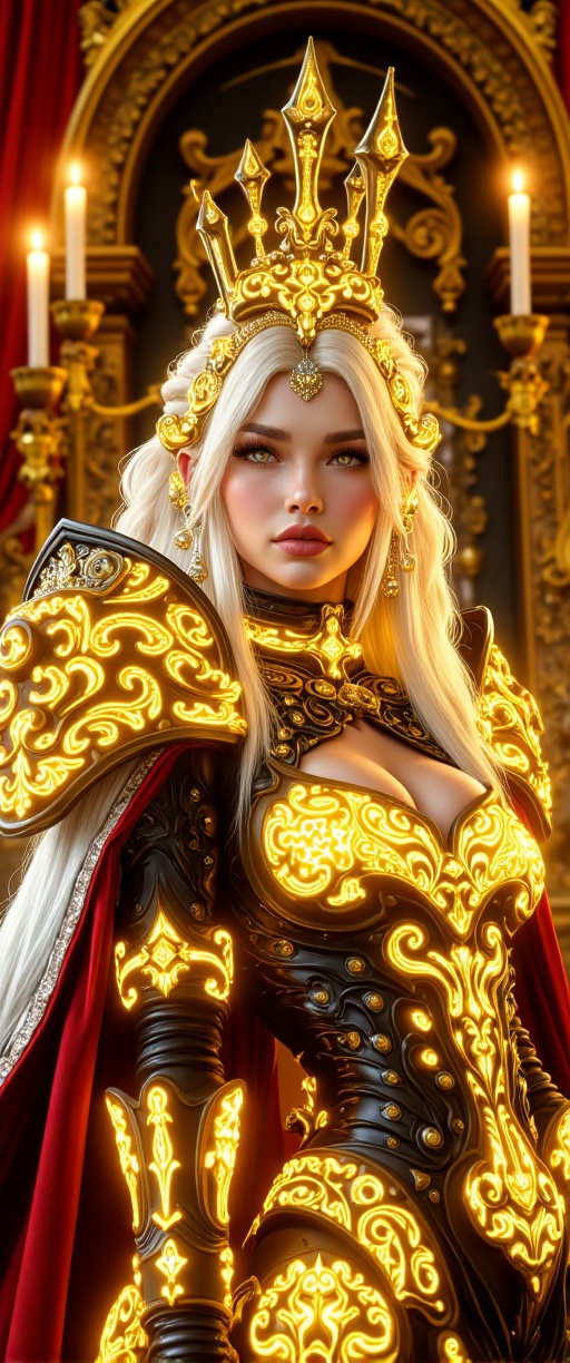 a regal warrior princess stands out against a lavish,  gothic-inspired backdrop. Her fair skin glistens in golden light as...