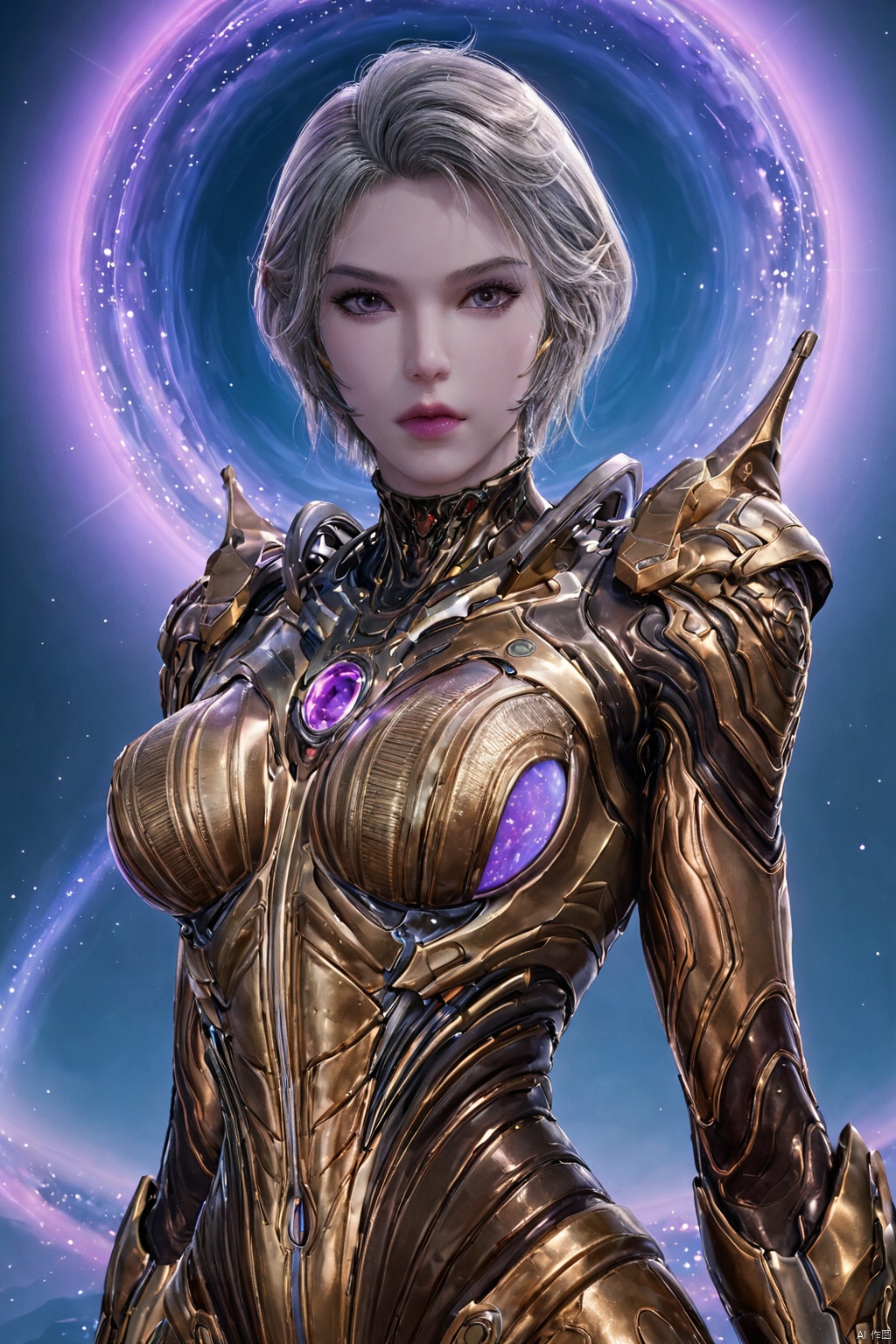 score_9_up,score_8_up,1girl, solo, breasts, looking at viewer, short hair, armor, lips, colored skin, pale skin, science fiction, planet,JHN