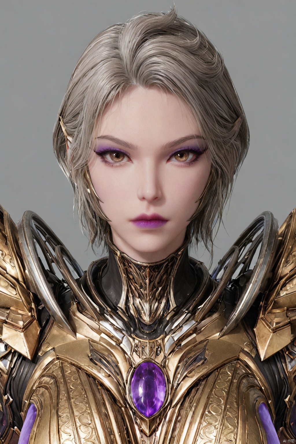 1girl, solo, looking at viewer, short hair, simple background, brown eyes, closed mouth, upper body, grey hair, grey background, armor, lips, makeup, lipstick, eyeshadow, purple lips,JHN