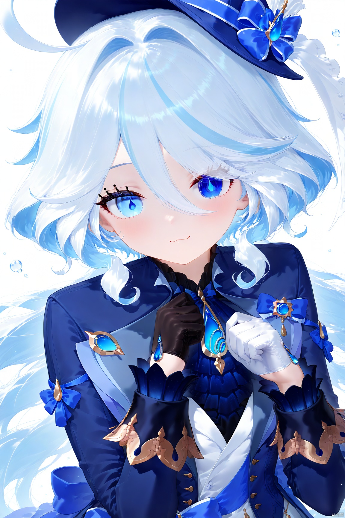 masterpiece, best quality, 1girl, furina \(genshin impact\), genshin impact, ahoge, blue eyes, blush, closed mouth, collarbone, dress, drop-shaped pupils, eyelashes, hair between eyes, hair intakes, hands up, heterochromia, hood, hood up, long hair, looking at viewer, short sleeves, sidelocks, simple background, solo, symbol-shaped pupils, white background, white dress, white hair, light particles, blue hat, blue jacket, gem, black gloves, :3, blue hair, ascot, long sleeves, hat, gloves, jacket, top hat, multicolored hair, lapels, smile, hoodie, floating hair, asymmetrical gloves, white gloves, white hoodie, streaked hair, mismatched gloves, upper body, blue gemstone
