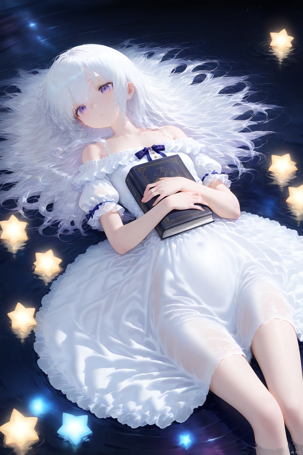 masterpiece, best quality,Artist Style,1girl, solo, dress, white dress, book, lying, purple eyes, long hair, on back, short sleeves, star \(symbol\), parted lips, puffy sleeves, white hair, ripples, water, star \(sky\), holding, puffy short sleeves, afloat, off-shoulder dress, starry sky, hair spread out