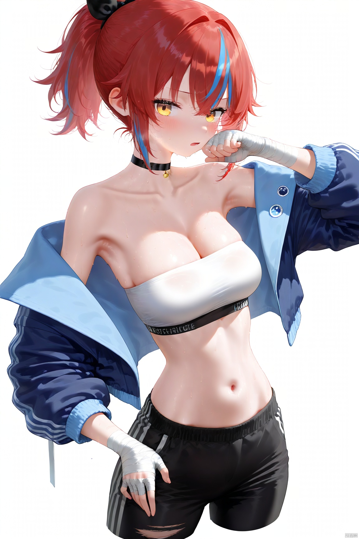 masterpiece, best quality,Artist Style,1girl, blue hair, blush, breasts, cleavage, collarbone, crop top, cropped jacket, hand wraps, looking at viewer, medium breasts, navel, off shoulder, pants, ponytail, simple background, solo, sweat, white background, wiping face, yellow eyes, white shirt, blue jacket, long sleeves, open mouth, red hair, black pants, sports bra, midriff, strapless, cropped legs, multicolored hair, bare shoulders, black choker, sidelocks, streaked hair, hand up, jacket, open clothes, open jacket, stomach, armpits, cowboy shot, short hair, two-tone hair, choker, tube top, shirt, virtual youtuber 