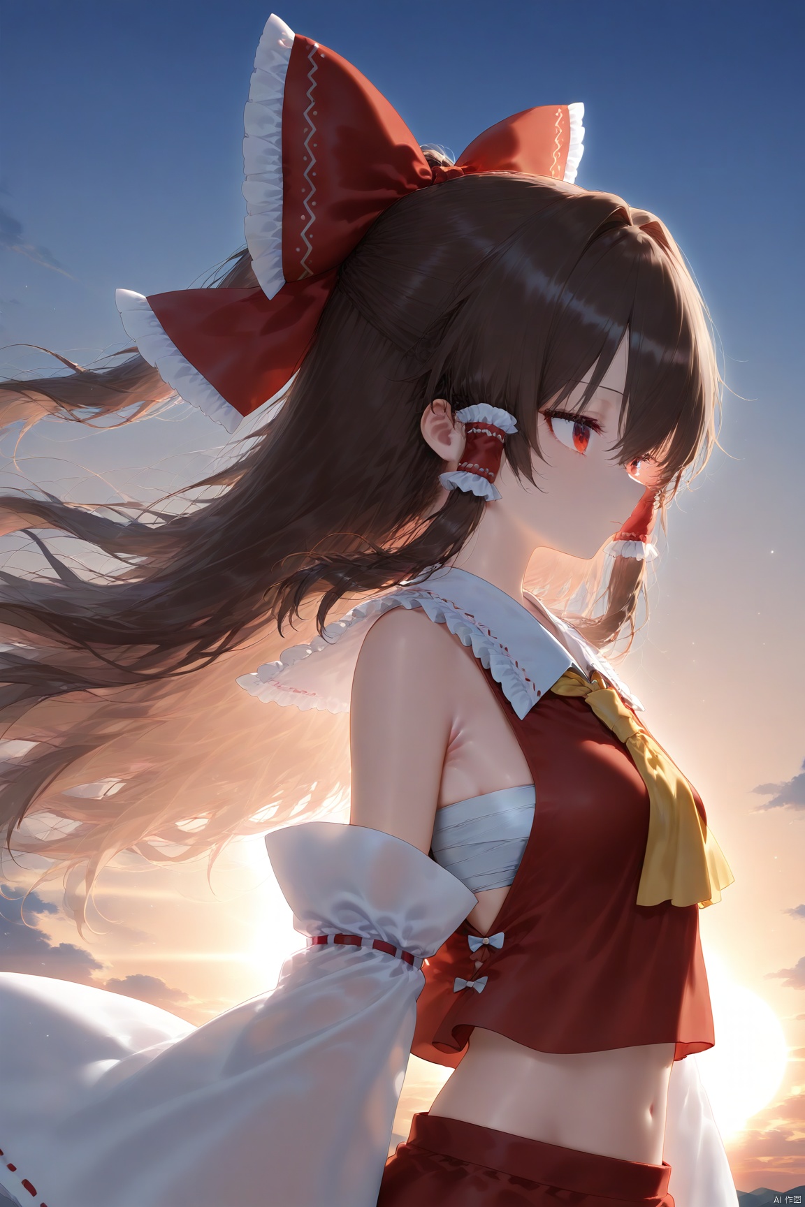masterpiece, best quality,Artist Style,1girl, touhou, armpit crease, ascot, backlighting, bare shoulders, bow, breasts, closed mouth, cloud, crop top, detached sleeves, diffraction spikes, expressionless, floating hair, frilled bow, frilled hair tubes, frilled shirt collar, frilled sleeves, frills, from side, gradient sky, hair between eyes, hair bow, hair tubes, lens flare, light particles, long hair, long sleeves, looking ahead, midriff, outdoors, profile, red bow, red skirt, red vest, sarashi, skirt, skirt set, sky, small breasts, solo, sun, sunlight, sunset, twilight, upper body, very long hair, vest, wide sleeves, yellow ascot 