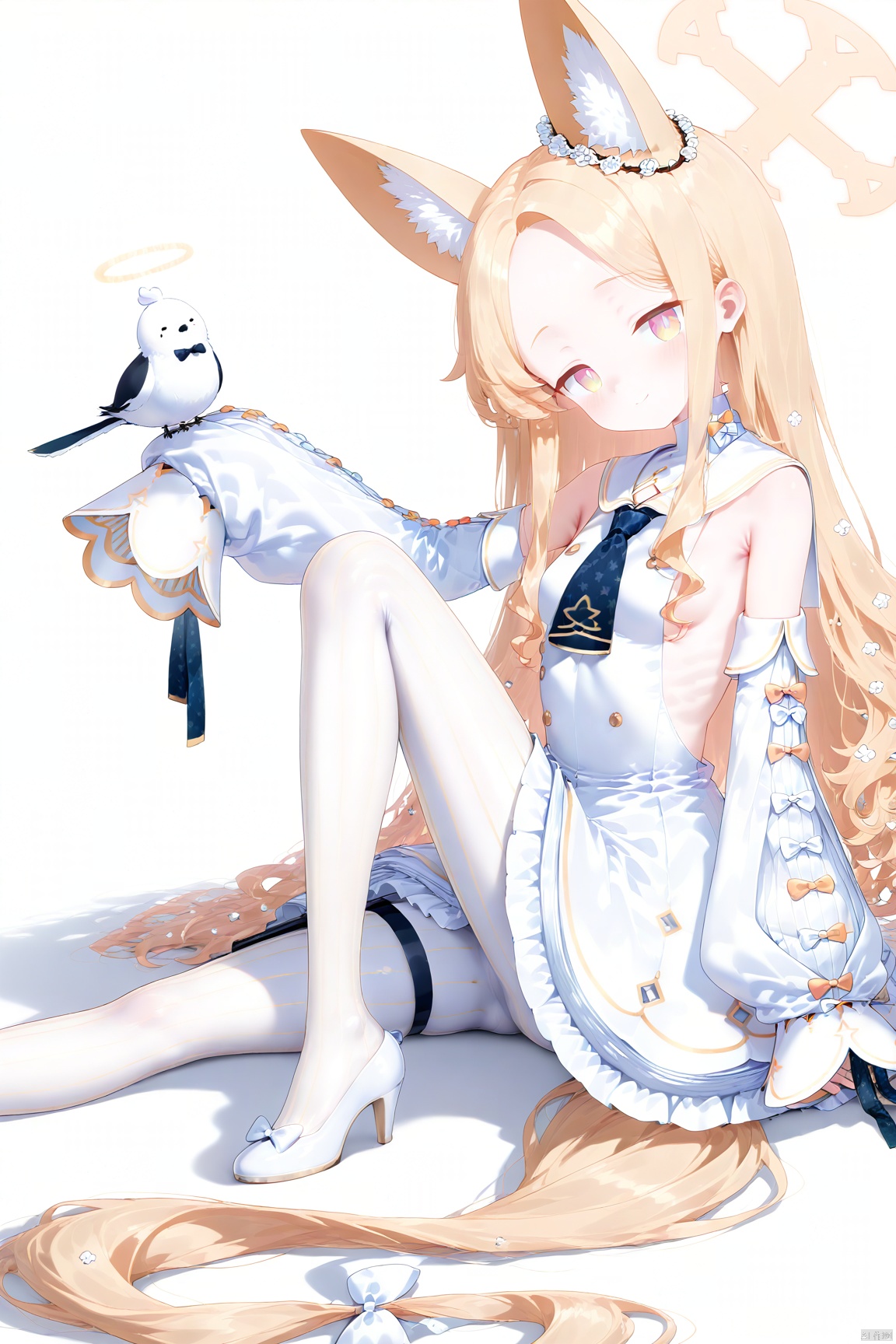 masterpiece, best quality,Artist Style,1girl, seia \(blue archive\), blue archive, absurdly long hair, animal ear fluff, animal ears, armpit crease, backless dress, backless outfit, bird, bird on leg, blonde hair, blue neckerchief, blush, bow, breasts, bright pupils, closed mouth, detached sleeves, dress, flower, flower wreath, footwear bow, forehead, fox ears, from side, full body, gradient eyes, hair bow, hair flower, hair ornament, halo, head tilt, high heels, knee up, long hair, long sleeves, looking at viewer, multicolored eyes, neckerchief, orange eyes, pantyhose, parted bangs, puffy long sleeves, puffy sleeves, ribs, sailor collar, sideboob, simple background, sitting, sleeves past wrists, slit pupils, small breasts, smile, solo, striped clothes, striped pantyhose, vertical-striped clothes, vertical-striped pantyhose, very long hair, white background, white bow, white dress, white footwear, white pantyhose, white pupils, white sailor collar, yellow eye