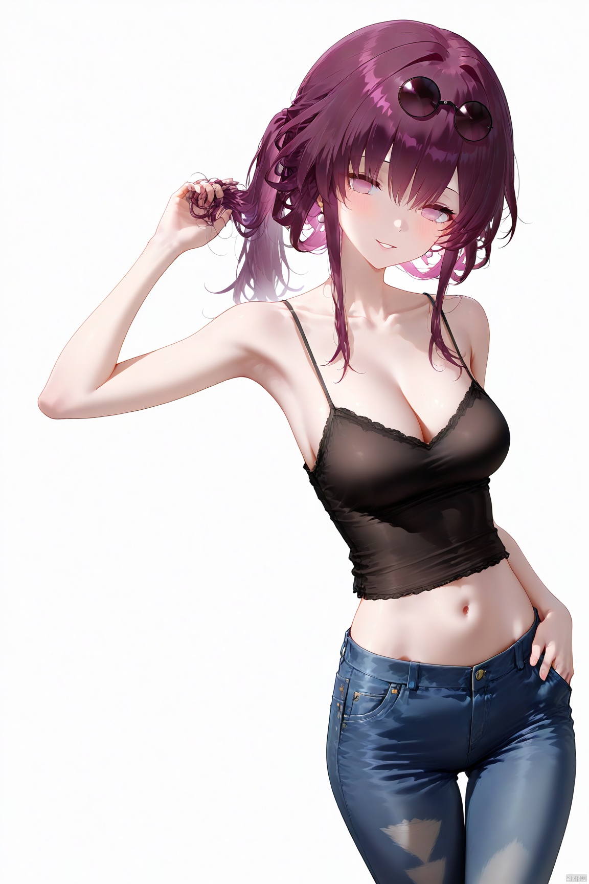 masterpiece, best quality,Artist Style,1girl, kafka \(honkai: star rail\), honkai: star rail, honkai \(series\), alternate costume, bare arms, bare shoulders, breasts, camisole, cowboy shot, denim, head tilt, jeans, long hair, looking at viewer, medium breasts, midriff peek, pants, purple eyes, purple hair, simple background, smile, solo, spaghetti strap, standing, thighs, white background, sidelocks, black-framed eyewear, hand in own hair, tinted eyewear, armpits, blush, sleeveless shirt, ponytail, arm up, eyewear on head, stomach, navel, cleavage, white shirt, sleeveless, shirt, collarbone, crop top, grin, hair between eyes, black camisole, midriff, sunglasses, casual, hand in pocket 