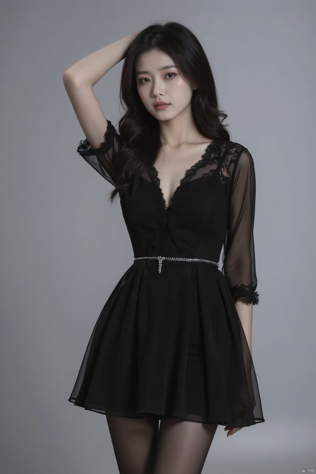 silk stockings,1girl wearing black stockings and dress,black hair,Hd photography style,cleavage