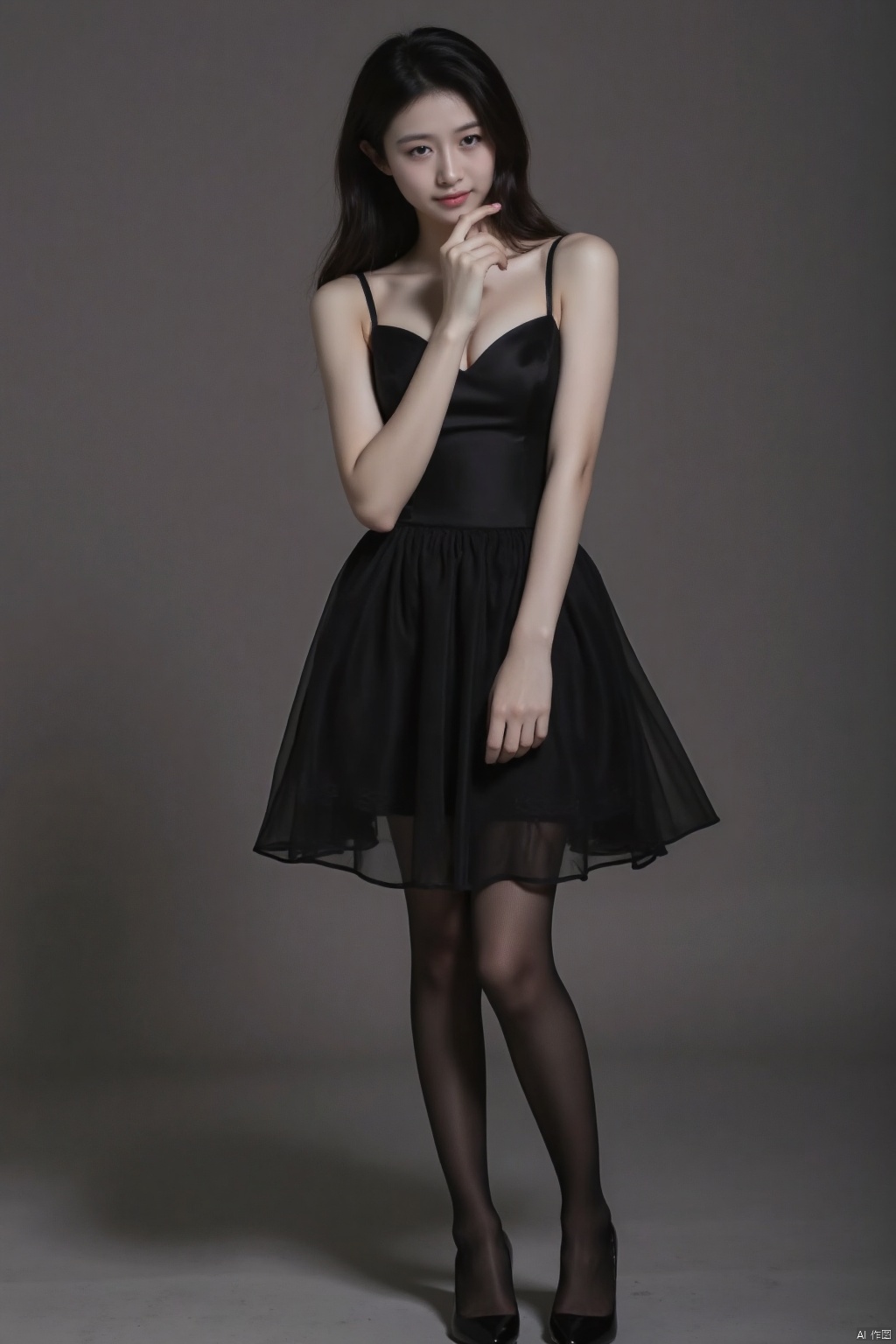 silk stockings,1girl wearing black stockings and dress,black hair,cleavage,Hd photography style