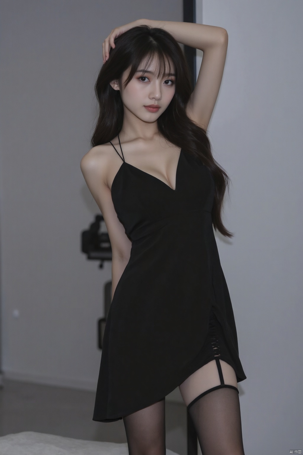 silk stockings,1girl wearing black stockings and dress,black hair,cleavage