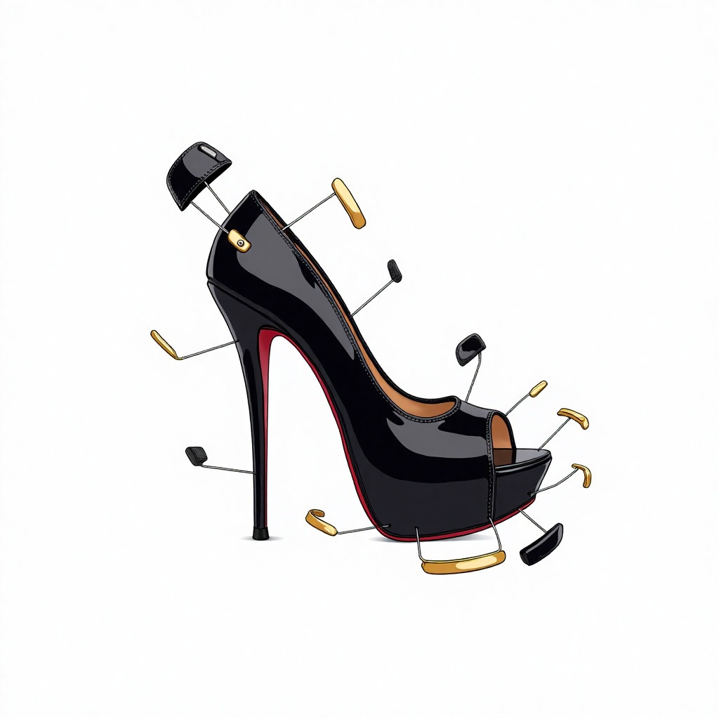 DIY sneaker, This image is a digital illustration featuring a high heel. The high heel is depicted in an DIY sneaker view, where each part is separated. The high heel itself is primarily black. The background is a white