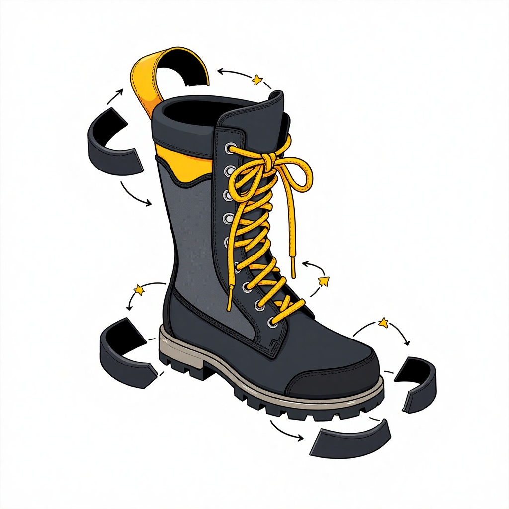 DIY boot, This image is a digital illustration featuring a boot. The boot is depicted in an DIY boot view, where each part is separated. The boot itself is primarily black with yellow accents, gray scheme and yellow laces. The background is a white
