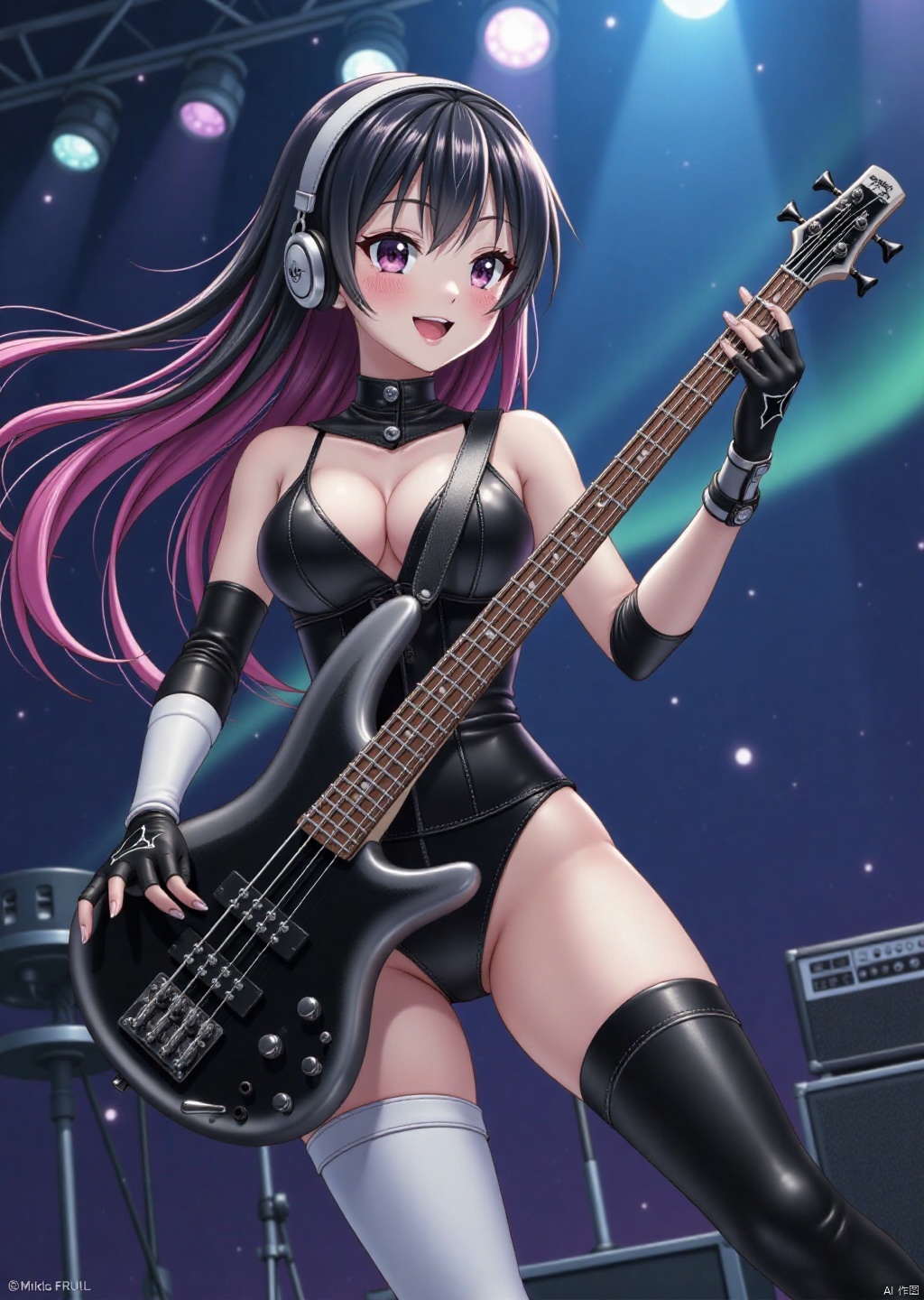 low angle shot ,A breathtaking flat-color anime screencap showcases in a captivating big-breasted woman,embodying the harmonious blend of artistry and sensuality.The dynamic-pose finds her donning a punk-inspired black and white leather deep cleavage leotard,black and white thigh-high boots,headphone,and elbow-length gloves,with flowing multicolored streaked hime cut hair framing the scene.As she plays a black bass guitar, swirling musical notation swirls around her. Amidst stage with speaker,amplifier  and star-trail with Aurora backdrops, her expressive features radiate energy and artistic passion, drawing the viewer into the midst of her creative fervor.