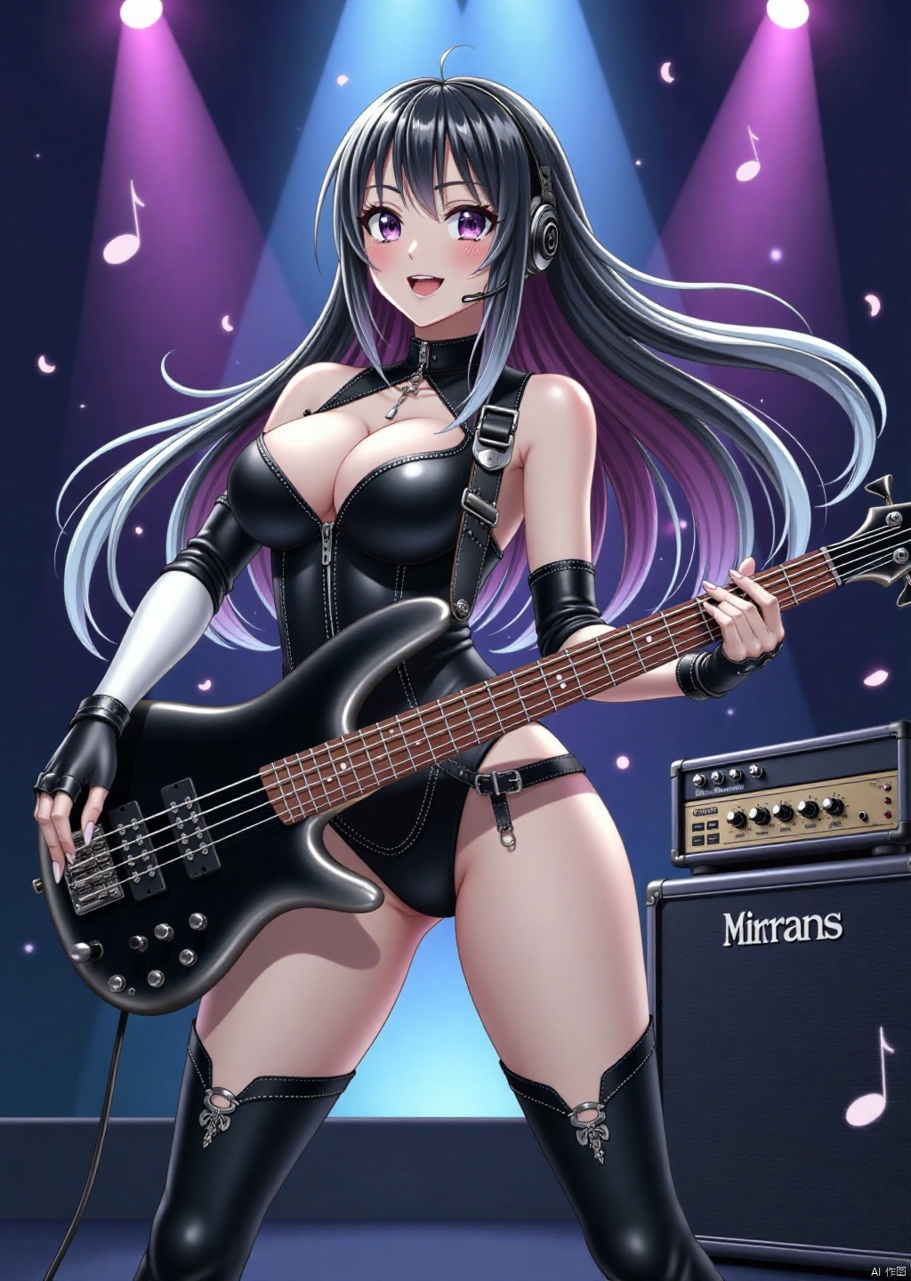 low angle shot ,A breathtaking flat-color anime screencap showcases in a captivating big-breasted woman,embodying the harmonious blend of artistry and sensuality.The dynamic-pose finds her donning a punk-inspired black and white leather deep cleavage leotard,black and white thigh-high boots,headphone,and elbow-length gloves,with flowing multicolored streaked hime cut hair framing the scene.As she plays a black bass guitar, swirling musical notation swirls around her. Amidst stage with speaker,amplifier  and star-trail with Aurora backdrops, her expressive features radiate energy and artistic passion, drawing the viewer into the midst of her creative fervor.
