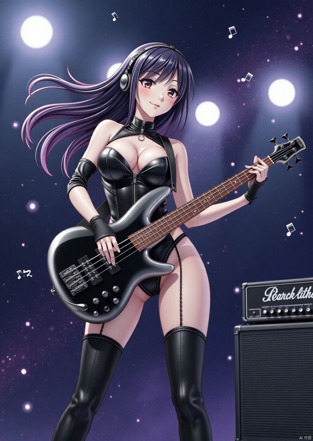 low angle shot ,A breathtaking flat-color anime screencap showcases in a captivating big-breasted woman,embodying the harmonious blend of artistry and sensuality.The dynamic-pose finds her donning a punk-inspired black and white leather deep cleavage leotard,black and white thigh-high boots,headphone,and elbow-length gloves,with flowing multicolored streaked hime cut hair framing the scene.As she plays a black bass guitar, swirling musical notation swirls around her. Amidst stage with speaker,amplifier  and star-trail with Aurora backdrops, her expressive features radiate energy and artistic passion, drawing the viewer into the midst of her creative fervor.
