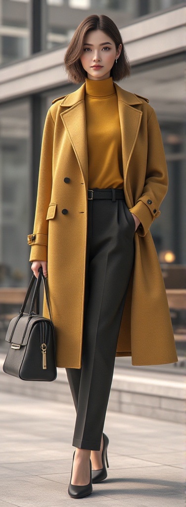 A stylish career woman in an exquisite C4D render,  wearing a chic yellow and black flannel outfit. She stands confidently...