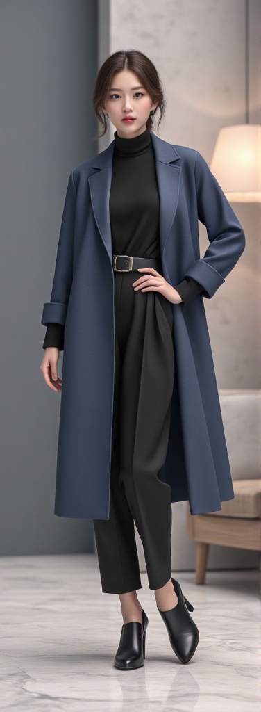 A stylish Korean woman in a chic outfit,  rendered in exquisite C4D style. She wears a black and blue ensemble with intric...