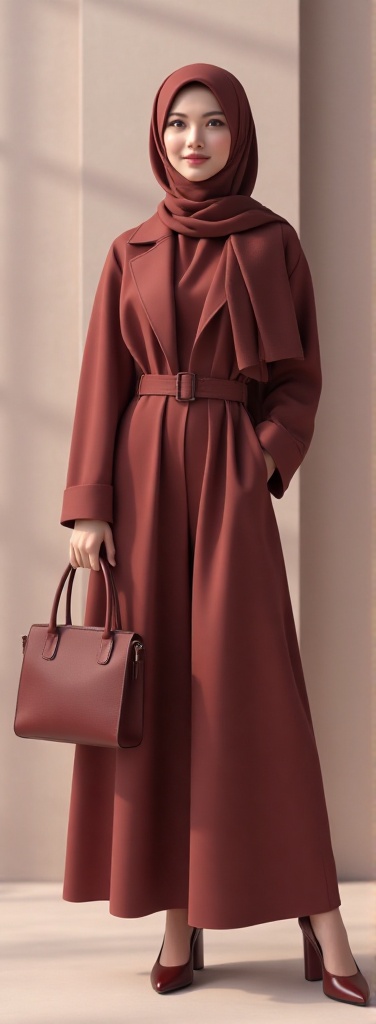 A stylish Malay woman in an exquisite C4D render,  wearing a plain yet elegant hijab in red maroon. She holds a chic bag,...