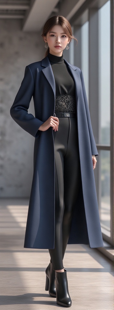A stylish Korean woman in a chic outfit,  rendered in exquisite C4D style. She wears a black and blue ensemble with intric...