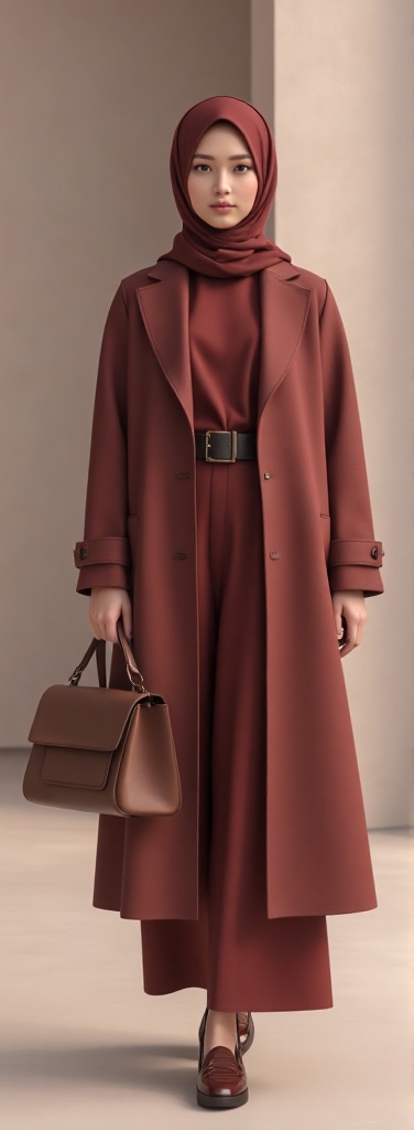 A stylish Malay woman in an exquisite C4D render,  wearing a plain yet elegant hijab in red maroon. She holds a chic bag,...