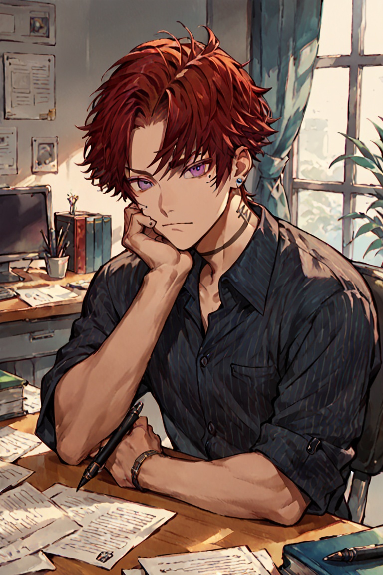 An animated image of a man. He is sitting at a desk with his hands resting on his chin.His shirt is white with a blue stri...