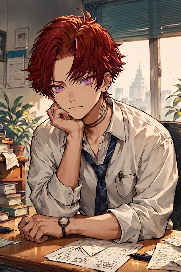 An animated image of a man. He is sitting at a desk with his hands resting on his chin.His shirt is white with a blue stri...