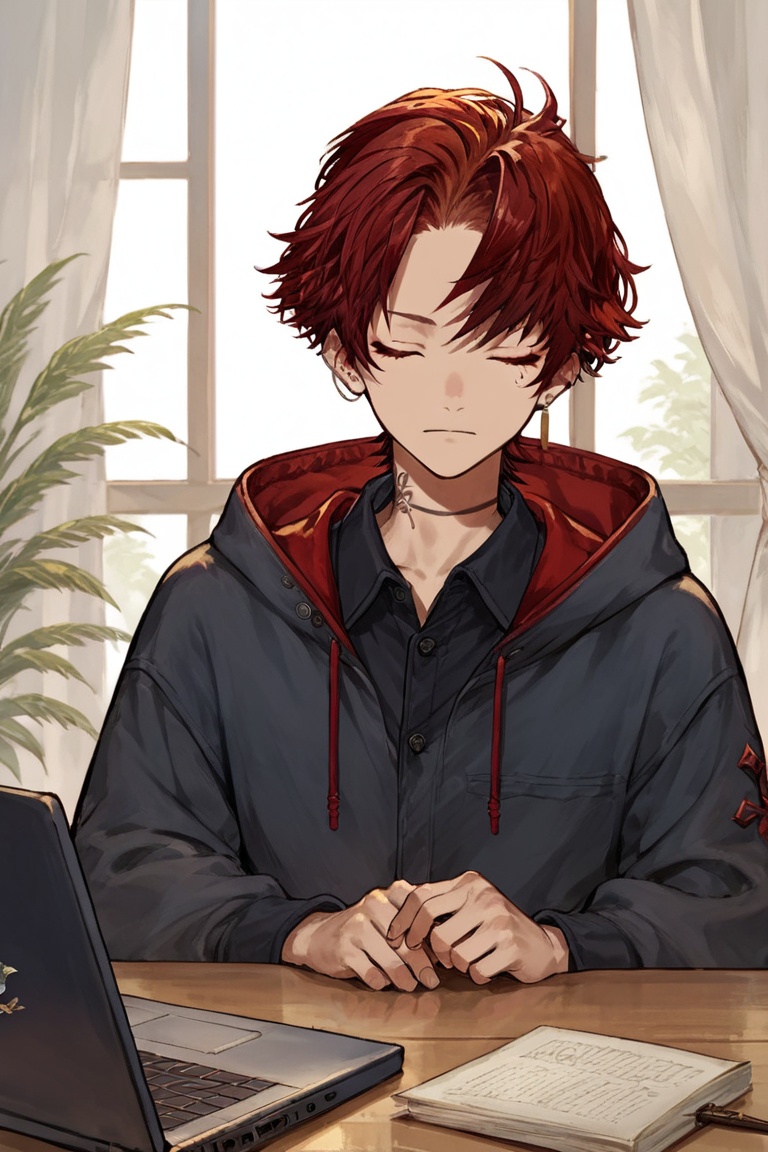 a man in a sleeping with his eyes closed.Sitting in a chair. His left hand is resting on the table,  while his right hand...
