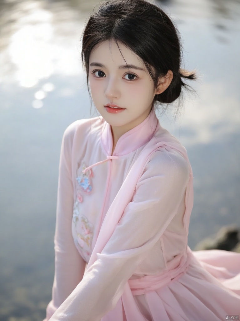,xnmiaoai,(a person in pink qipao,near water,sunlight on water,hair tied back,beautiful detailed eyes,beautiful detailed lips,extremely detailed eyes and face,long eyelashes,delicate features,smiling gently,standing gracefully,water reflection,soft sunlight,calm water surface,evening glow,traditional Chinese style,illustration,realistic lighting,soft shadows,gentle breeze,flowing qipao,embroidered details,pastel colors,harmonious composition,best quality,4k,8k,highres,masterpiece:1.2,ultra-detailed,realistic,photorealistic,photo-realistic:1.37,sharp focus,professional,vivid colors)