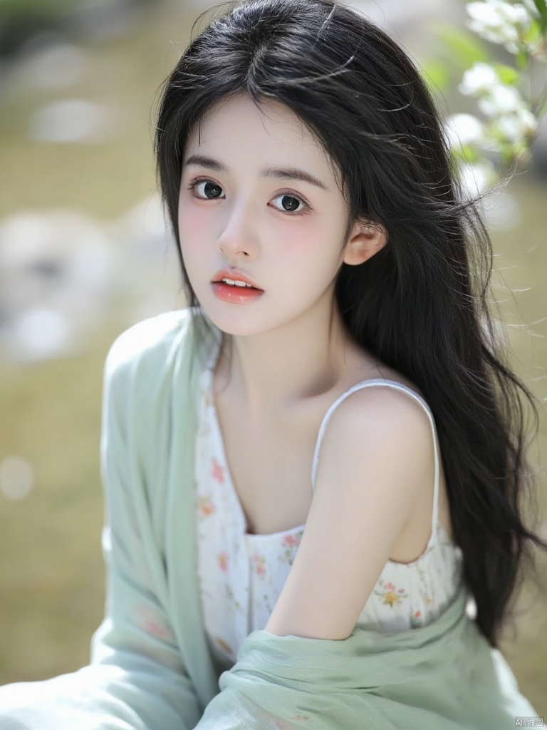 ,xnmiaoai,(best quality,4k,8k,highres,masterpiece:1.2),ultra-detailed,(realistic,photorealistic,photo-realistic:1.37),long flowing hair,light-colored top,floral pattern,green shawl,one shoulder,beautiful detailed eyes,beautiful detailed lips,extremely detailed eyes and face,long eyelashes,serene expression,soft gaze,delicate features,slightly tilted head,graceful posture,ethereal atmosphere,outdoor setting,gentle sunlight,soft shadows,blurred background,shallow depth of field,bokeh,soft focus,smooth skin,flowing fabric,subtle textures,pastel colors,romantic style,illustration,watercolor,airy and light,vivid colors,calm and peaceful,harmonious composition,dreamy and whimsical,gentle breeze,flowers in the background,natural and organic,peaceful environment,serenity and beauty,tranquil scene,relaxed and calm,gentle and soothing,delicate and refined,soft and gentle,romantic and elegant,